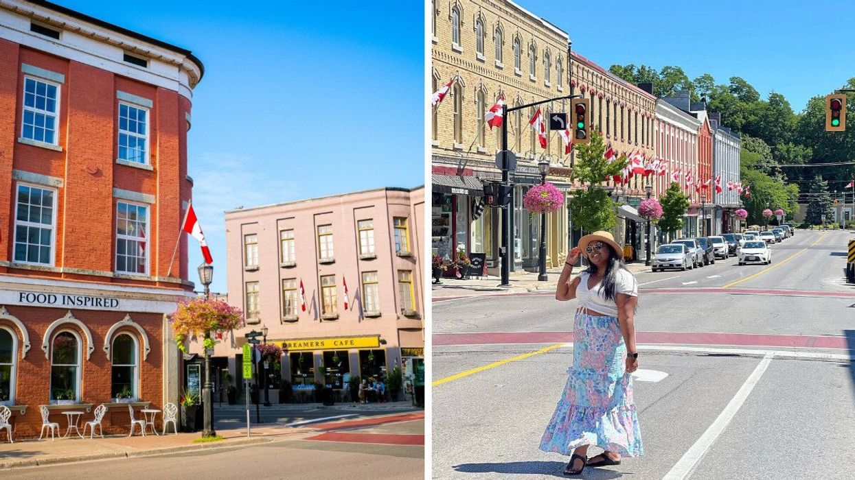 Historic buildings. Right: A person standing on a street.