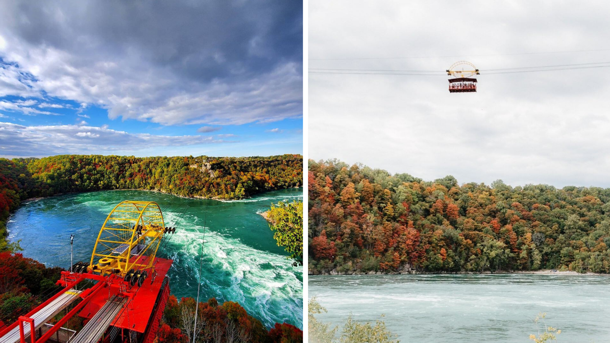 Historic cable car flying over the Niagara Whirlpool rapids and fall colours.