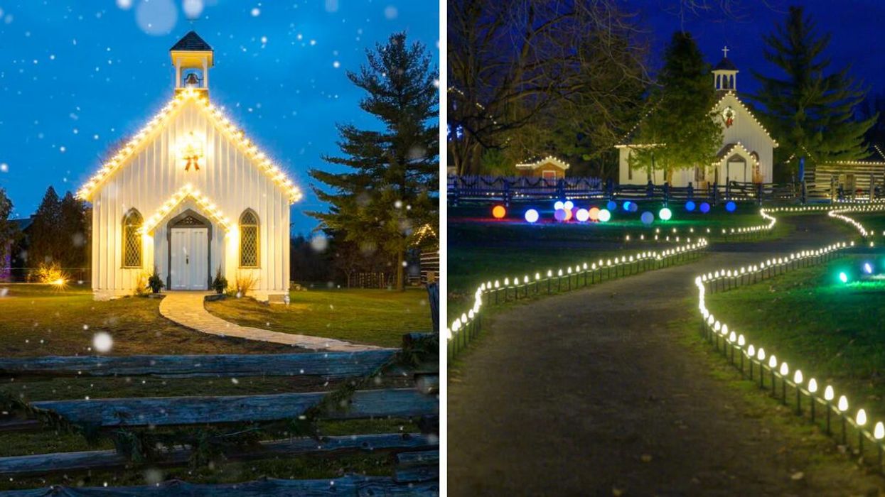 Historic church covered in lights. Right: Historic village with lights.