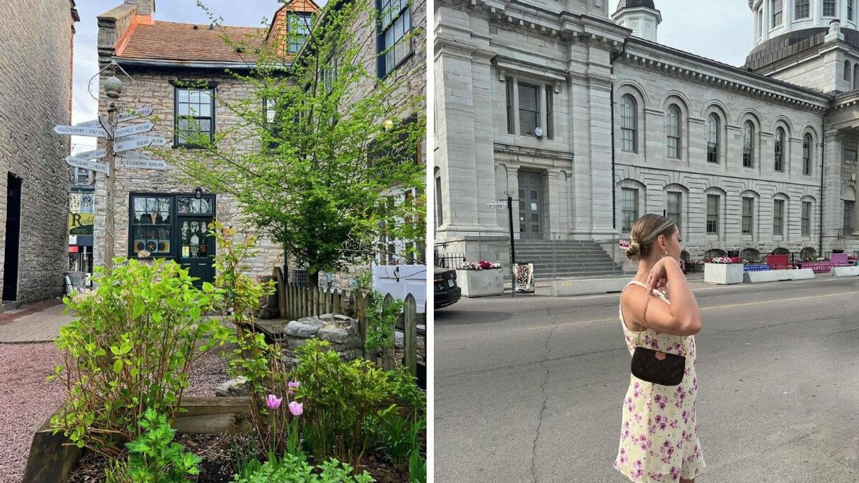 Historic stone buildings. Right: A person standing in front of a building.