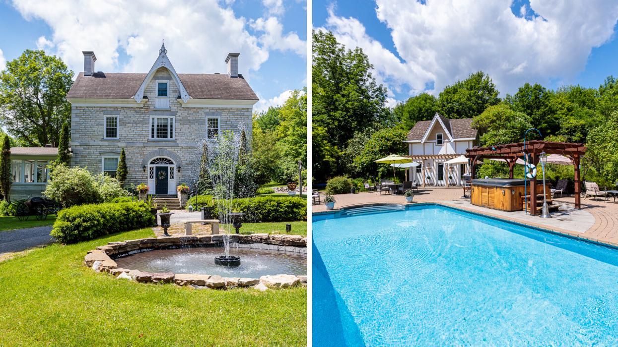 Historic stone mansion with front fountain. Right: Saltwater pool, hot tub & guest house.
