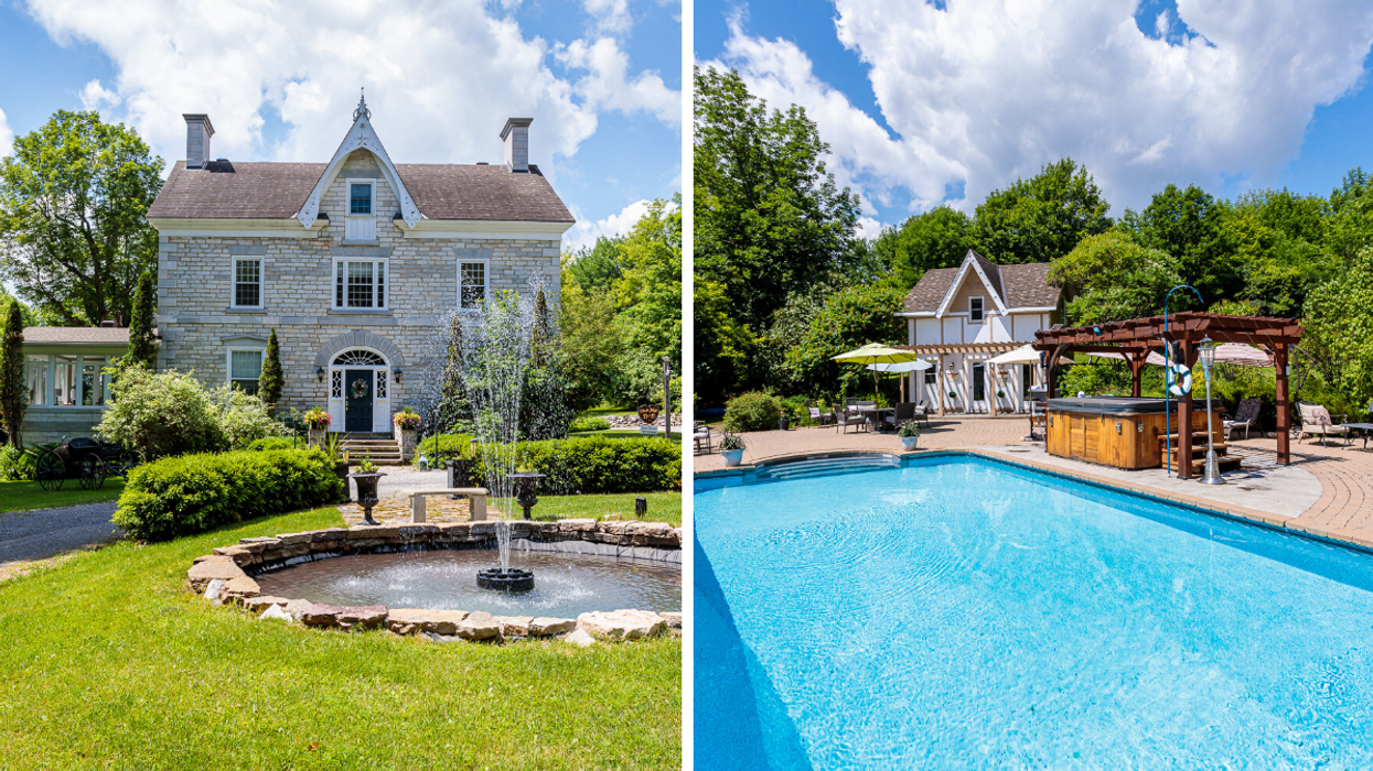Historic stone mansion with front fountain. Right: Saltwater pool, hot tub & guest house.