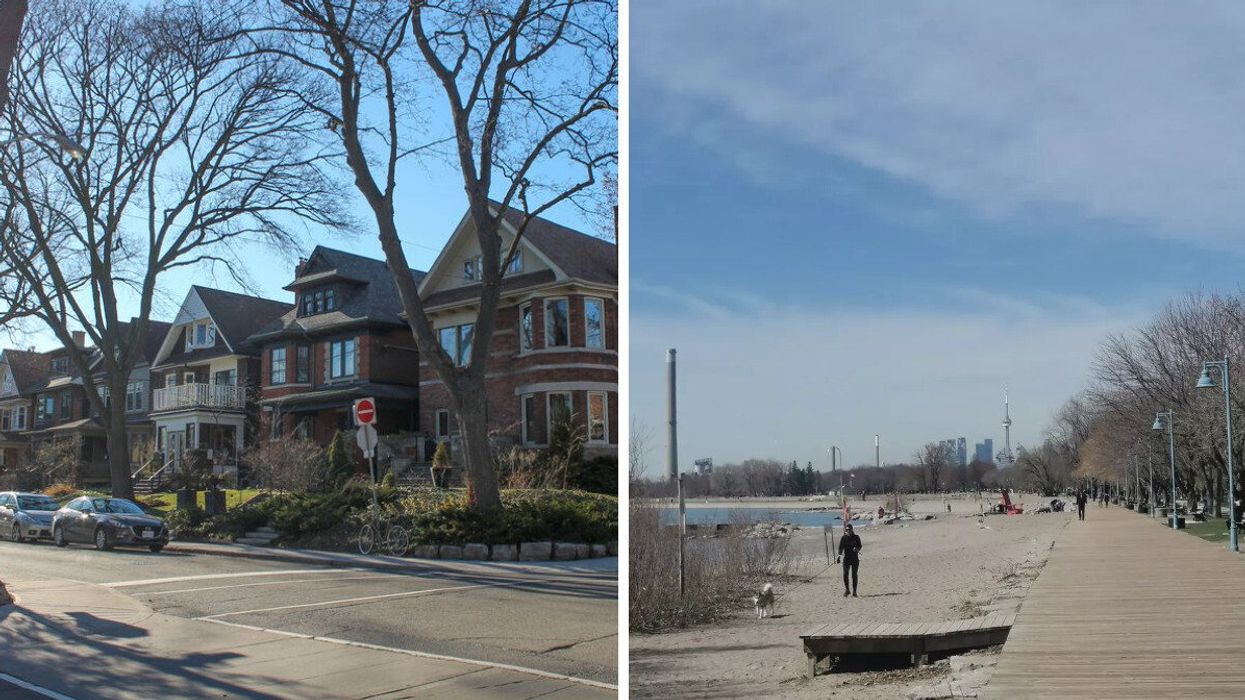 Historic Victorian and Edwardian brick homes in Toronto's High Park neighbourhood. Right: The boardwalk along Woodbine Beach at The Beaches.