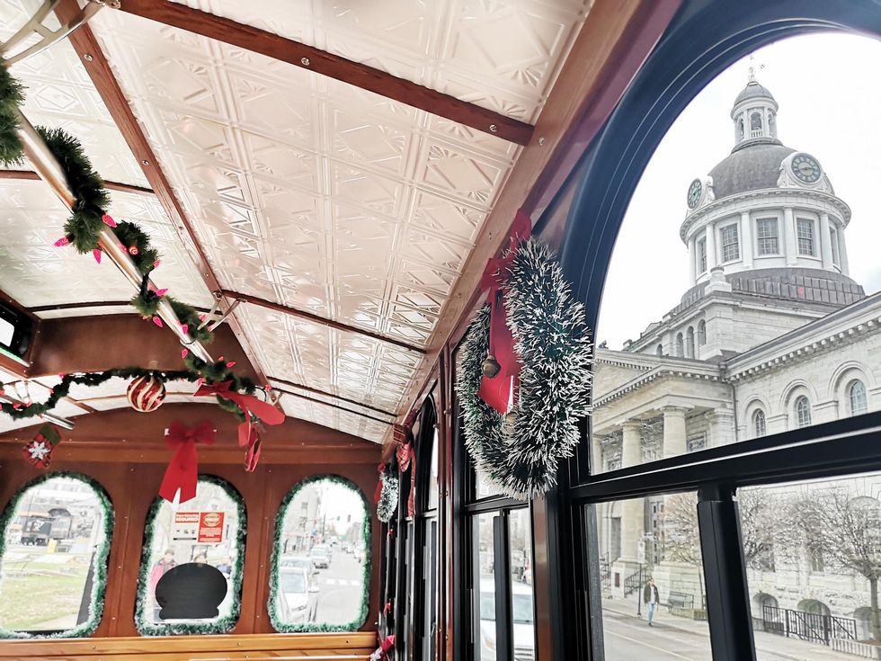 Historical building from a trolley window.