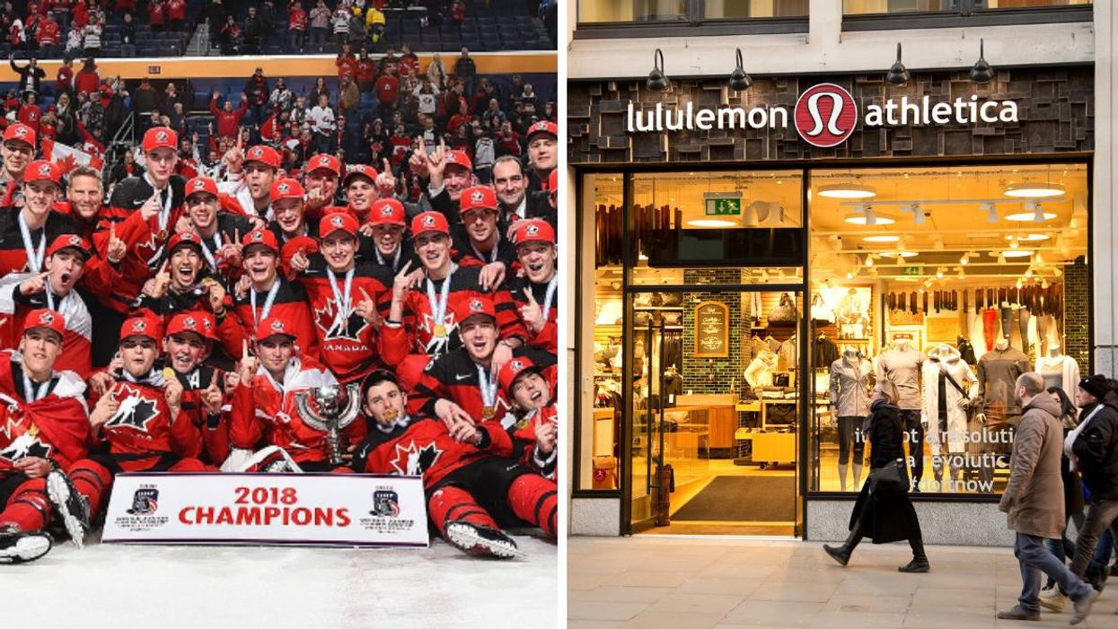 Hockey Canada's 2018 World Junior Team. Right: A lululemon storefront.