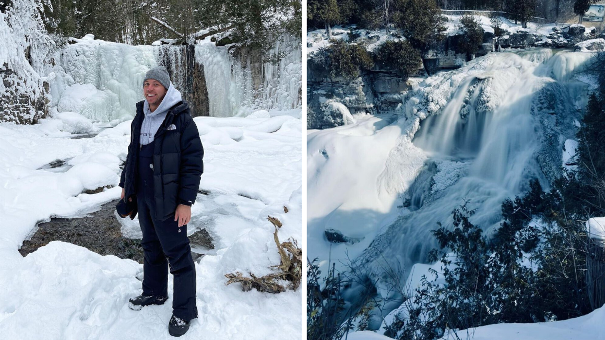 Hoggs Falls covered in ice and snow. Right: Inglis Falls frozen in the winter.