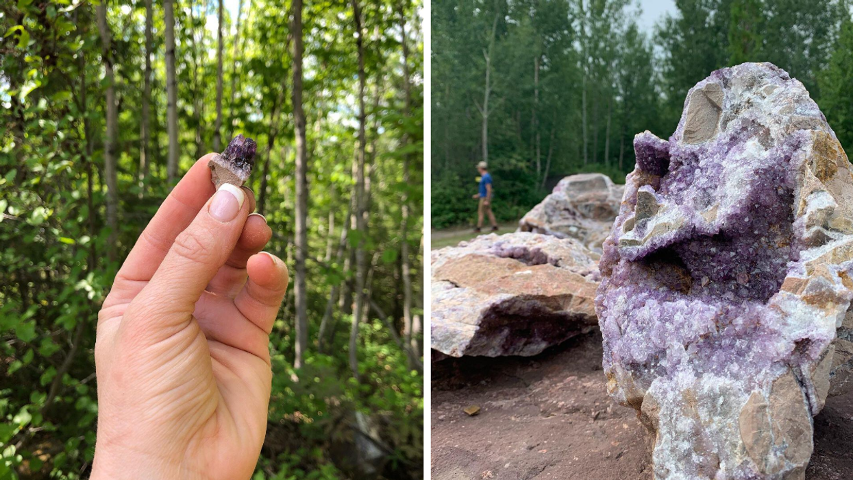 Holding a piece of purple amethyst. Right: Large rock at an Ontario mine with amethyst.