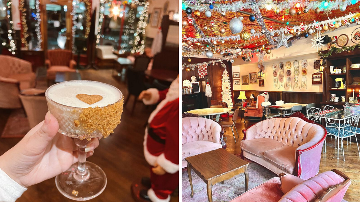 Holiday cocktail in a Christmas bar. Right: Granny chic bar decked in Christmas decorations.