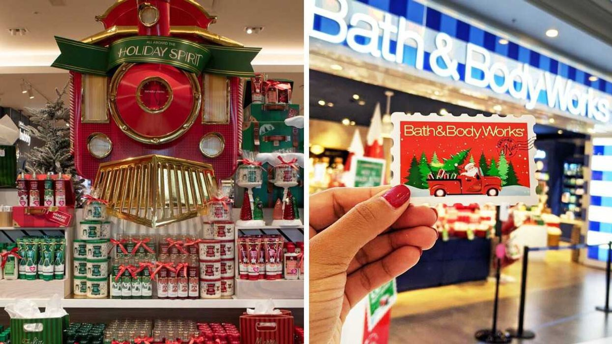 holiday display for candles, soaps and lotions at bath and body works store. right: person holding bath and body works card outside of store