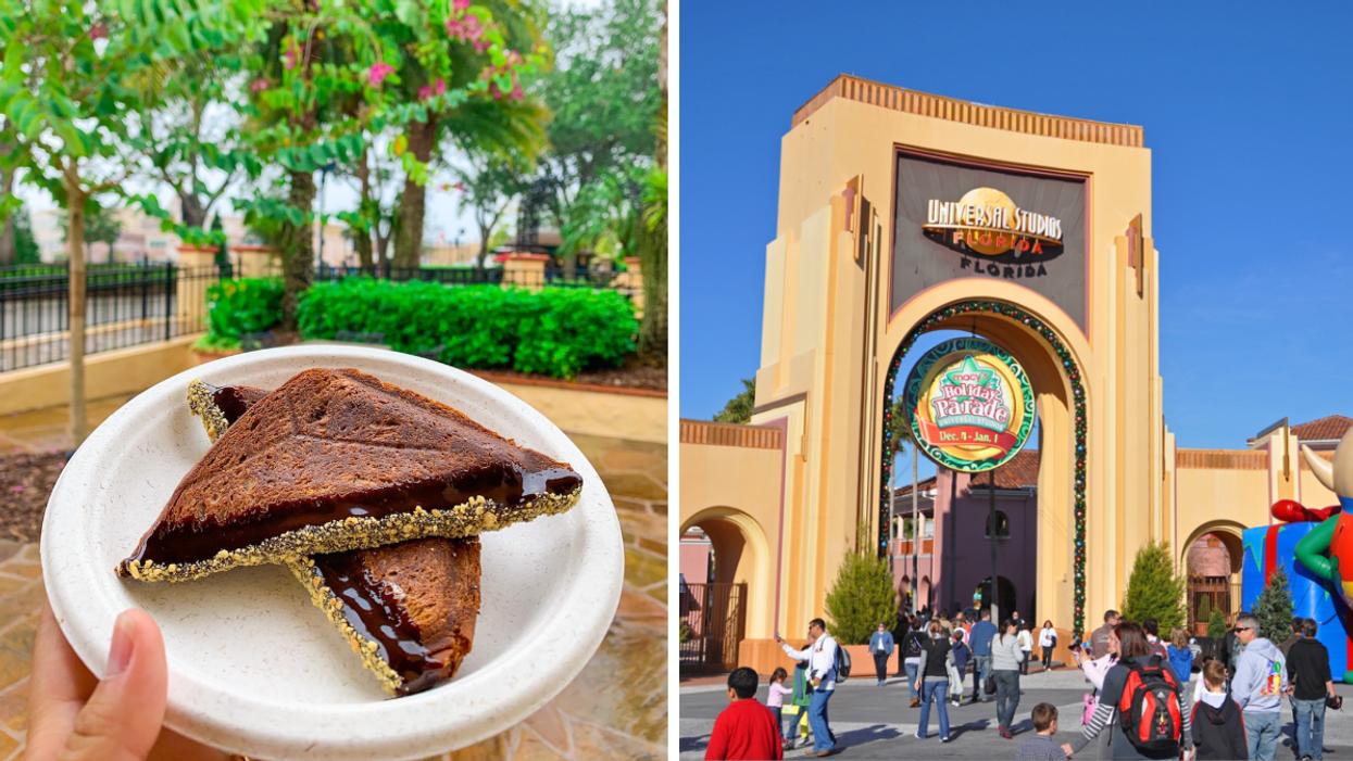 Holiday food at Universal Studios. Right: The entrance to Universal Studios.