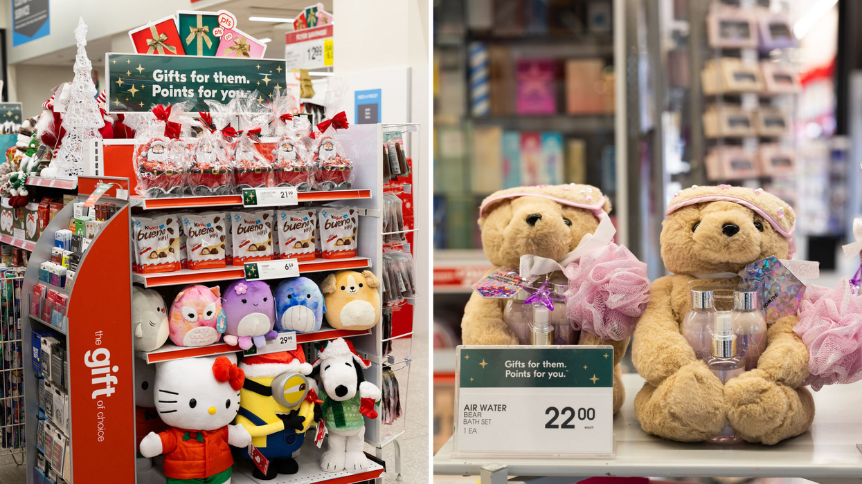 Holiday gifts displayed on shelved in Shoppers Drug Mart.