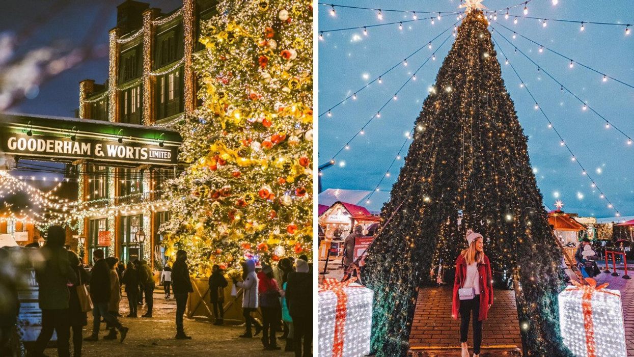 Holiday lights and people can be seen at Distiliery Distric in Toronto. Right: A person stands in front of a glowing Christmas tree at the Vancouver Christmas Market.