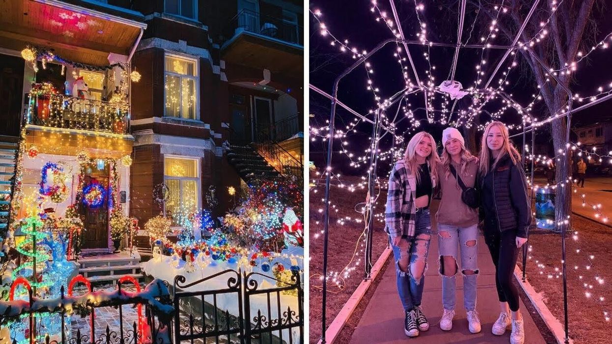 Holiday lights in Mile End, Montreal. Right: Candy Cane Lane, Edmonton