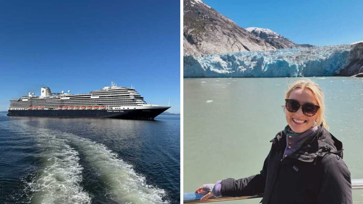 Holland America Line's Koningsdam cruise ship sailing on blue water. Right: Woman in sunglasses and a black jacket smiling in front of a glacier and turquoise glacial water in Alaska.