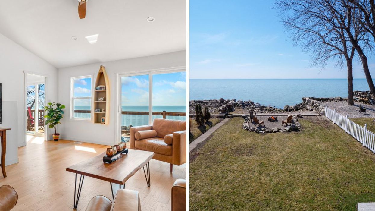 Home for sale in Amherstburg, Ontario. Right: A yard with a fire pit, chairs and lake view.