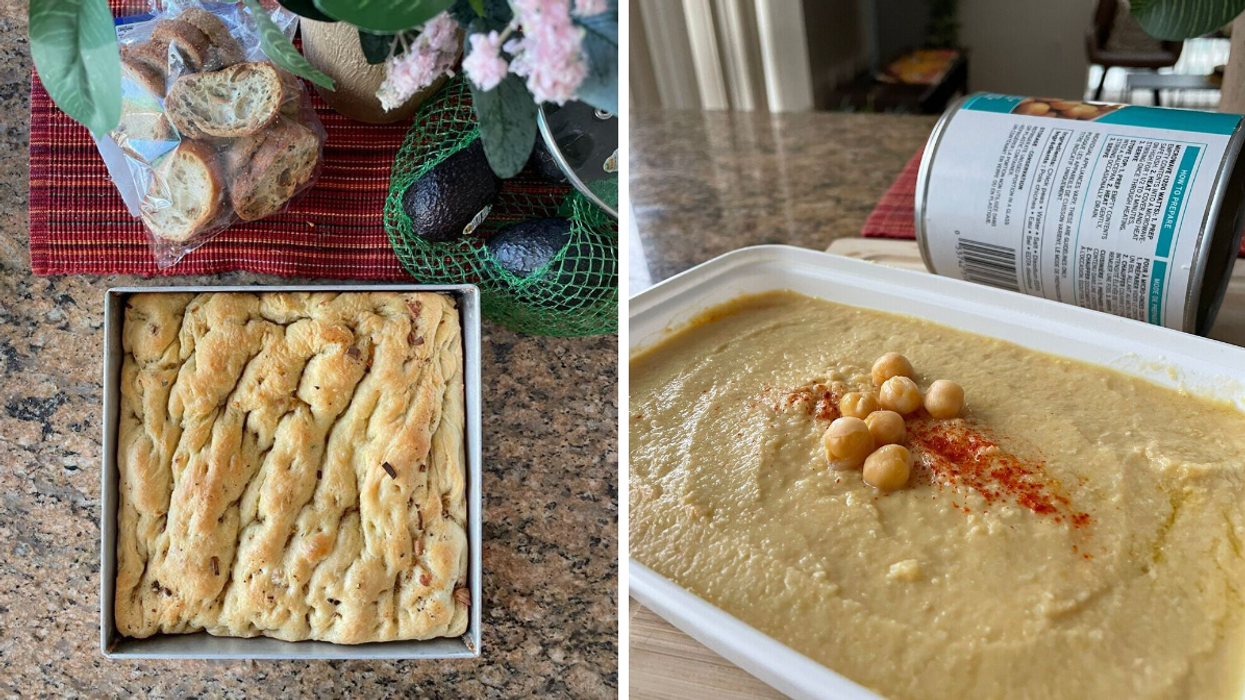 Home-made focaccia. Right: Homemade hummus.