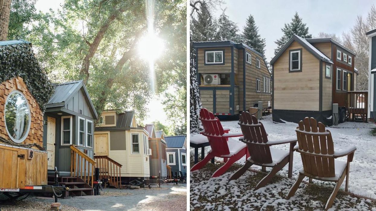 Homes at WeeCasa Tiny Home Resort. Right: The resort during wintertime.