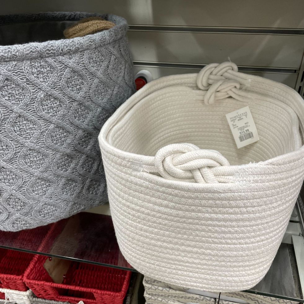 HomeSense baskets on a shelf at a store in Canada.