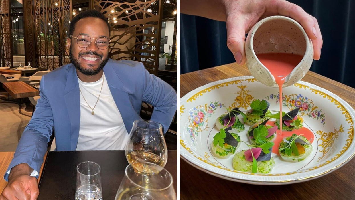 Homme au restaurant. Droite : Plat.