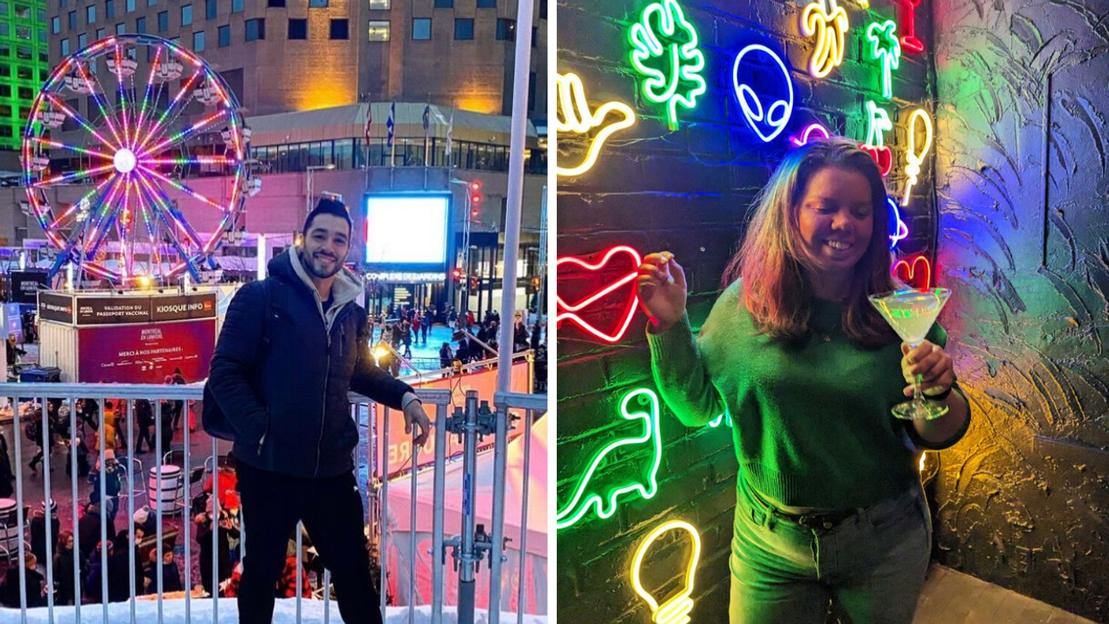 Homme devant la grande roue. Droite : Ariane au Chez Josie.