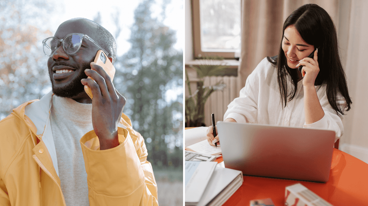 Homme parlant au téléphone. Droite: Femme travaillant sur son ordinateur.