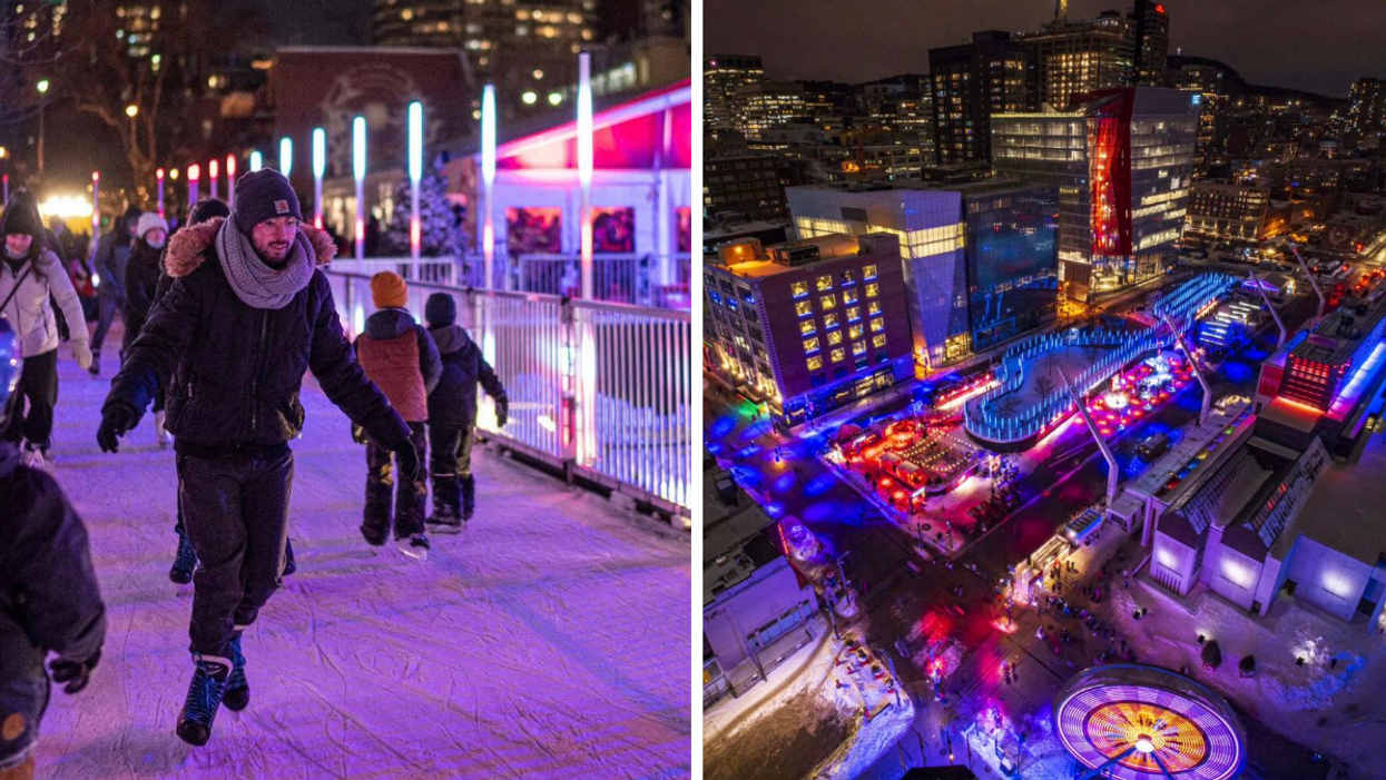 Homme qui patine. Droite : Site de la patinoire.