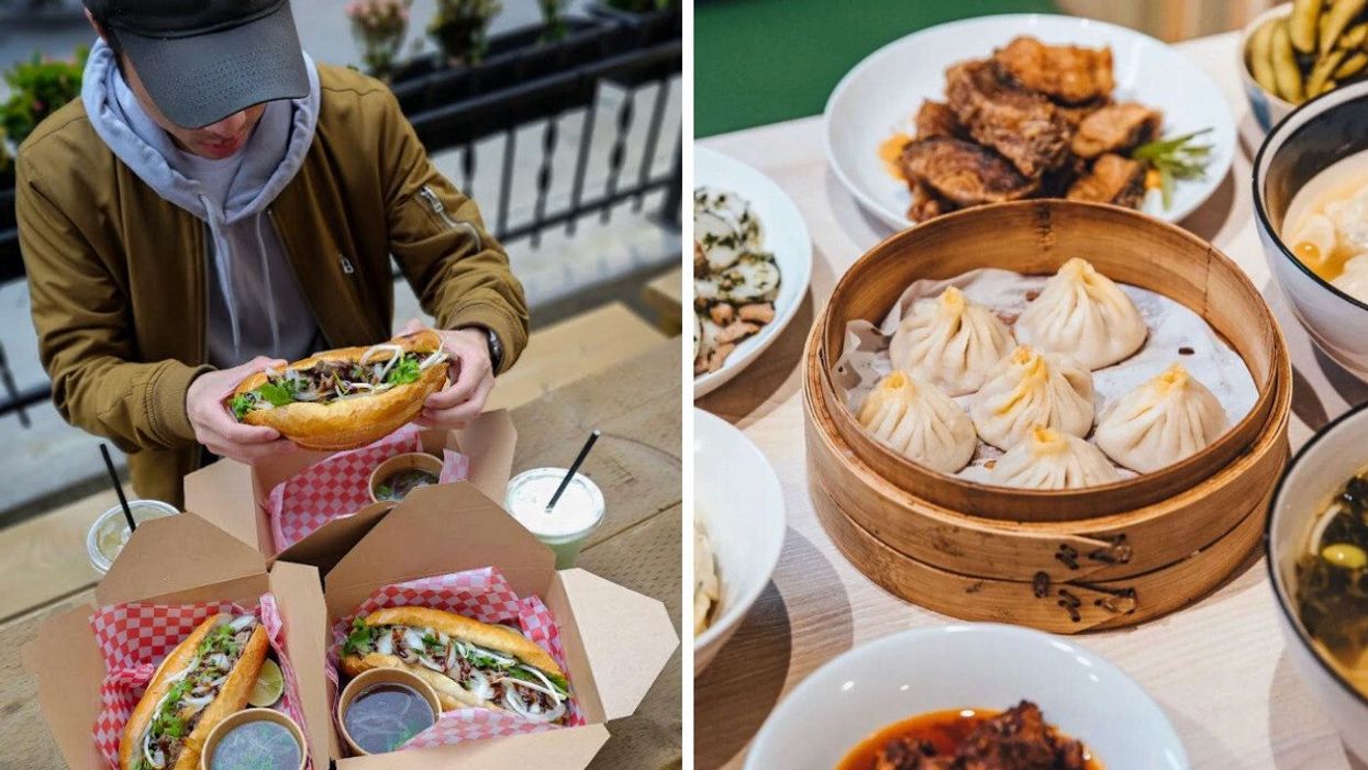 Homme qui tient un banh mi sur une table de pique-nique. Droite : Dumplings sur une table bien remplie.