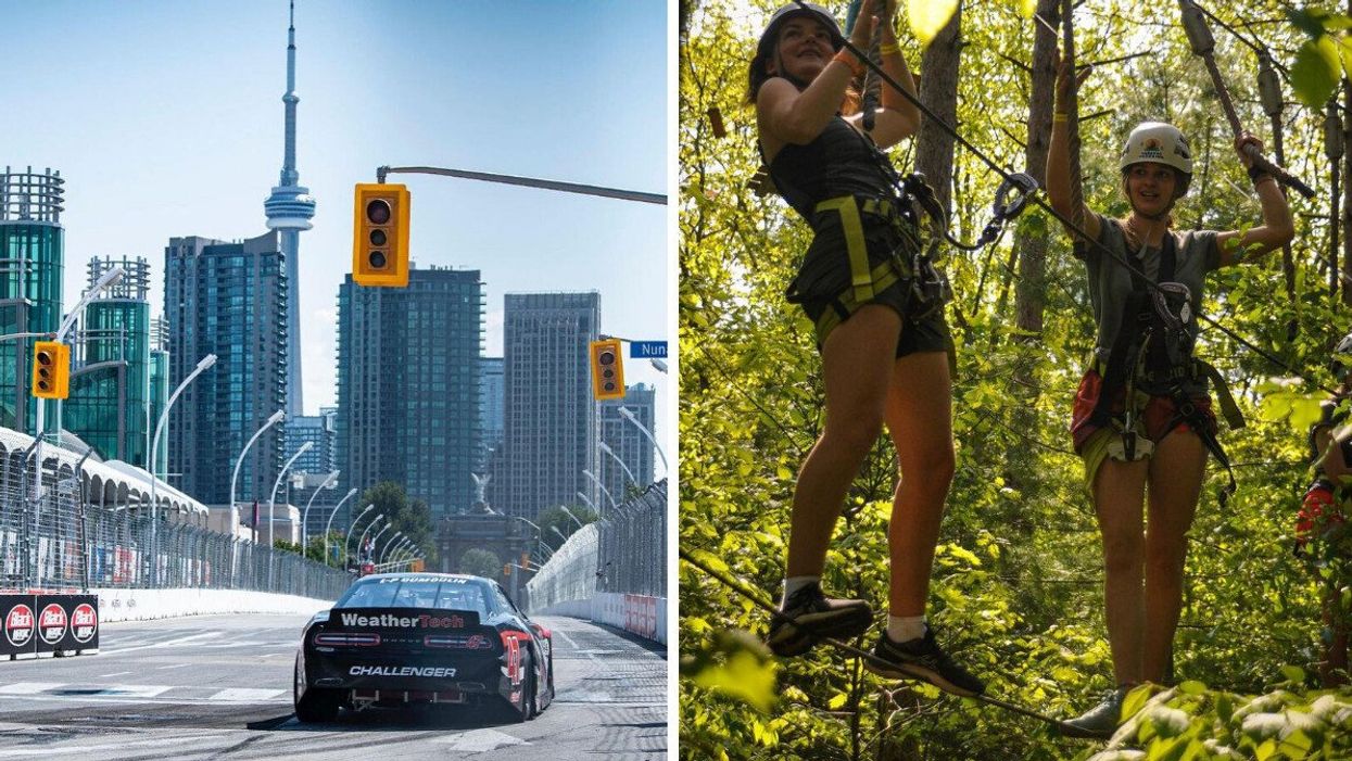 Honda Indy 500 in Toronto. Right: Adventure activities hosted by Treetop Trekking.
