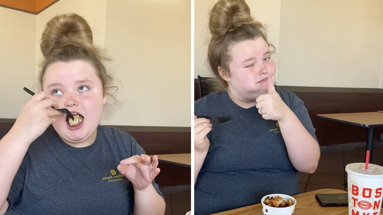 Honey Boo Boo eating a Boston Market nugget. Right: Honey Boo Boo approves of the Boston Market nugget.