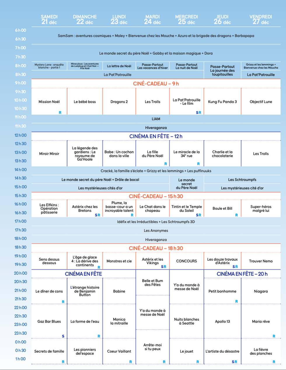 Horaire de Cin\u00e9-cadeau du 21 au 27 d\u00e9cembre 2024.