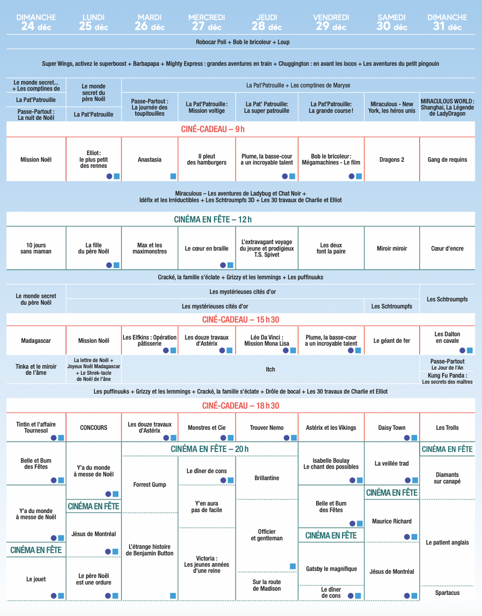 Horaire de Cin\u00e9-cadeau du 24 au 31 d\u00e9cembre 2023