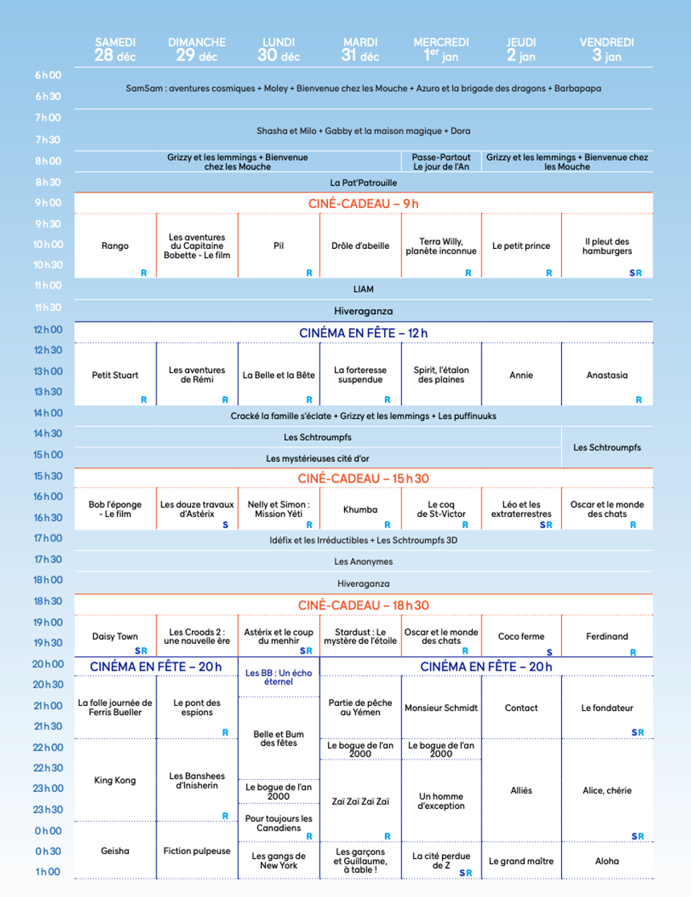 Horaire de Cin\u00e9-cadeau du 28 d\u00e9cembre 2024 au 3 janvier 2025