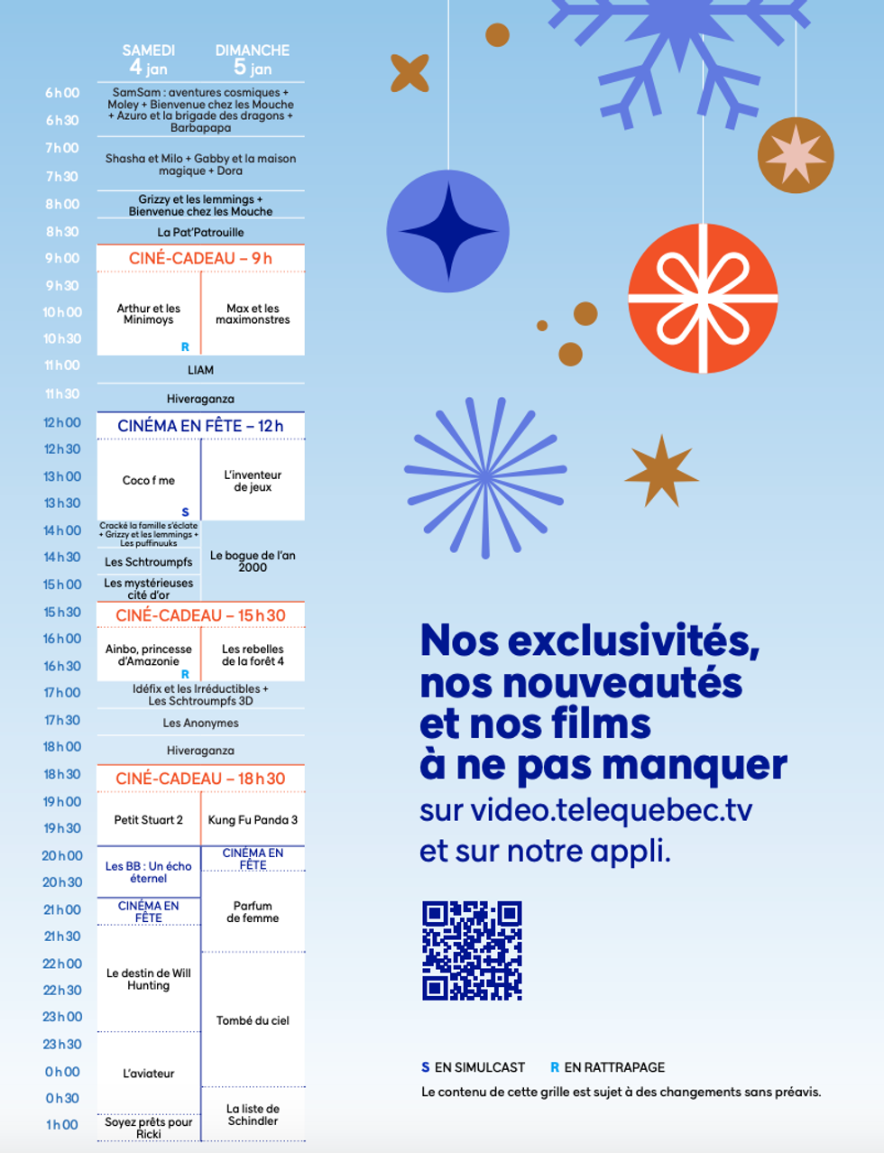 Horaire de Cin\u00e9-cadeau les 4 et 5 janvier 2025