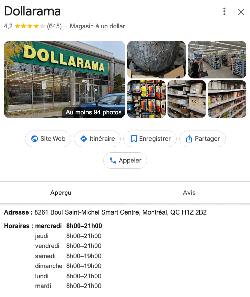 Horaire du Dollarama sur Google.