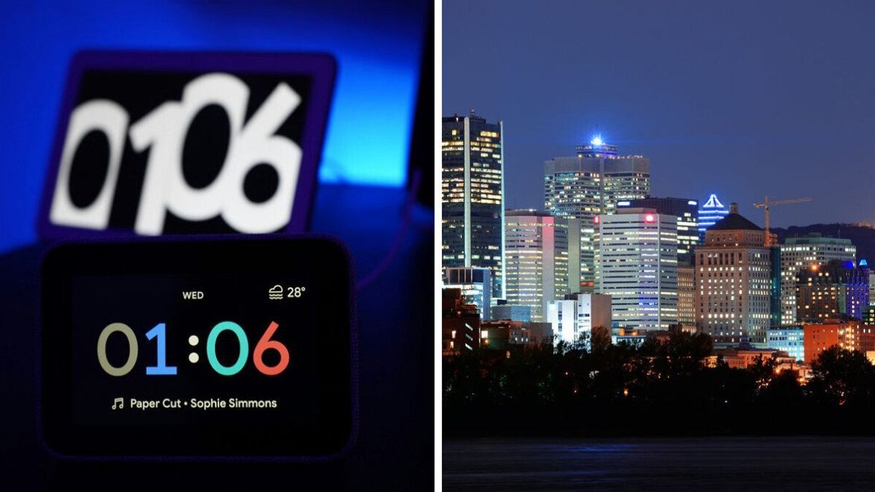 Horloge intelligente. Droite : La ville de Montréal la nuit.