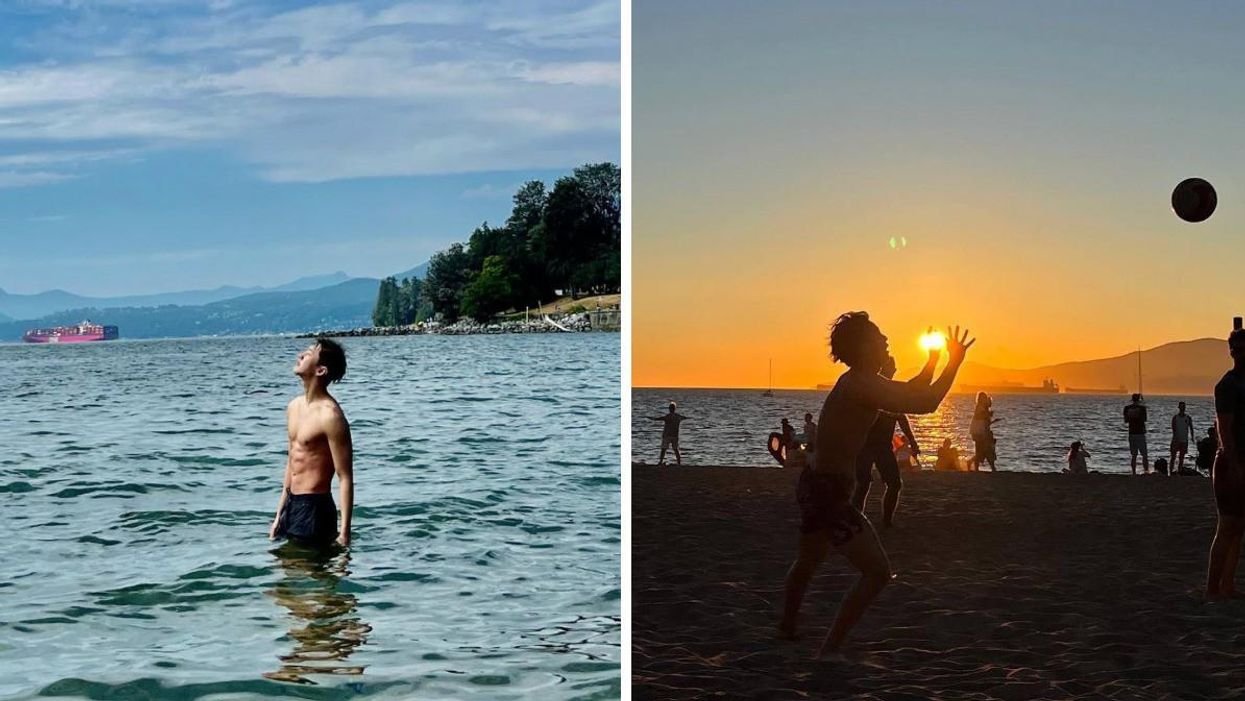Hoshi taking a dip in the ocean. Right: Kim Mingyu playing volleyball on Kits beach.
