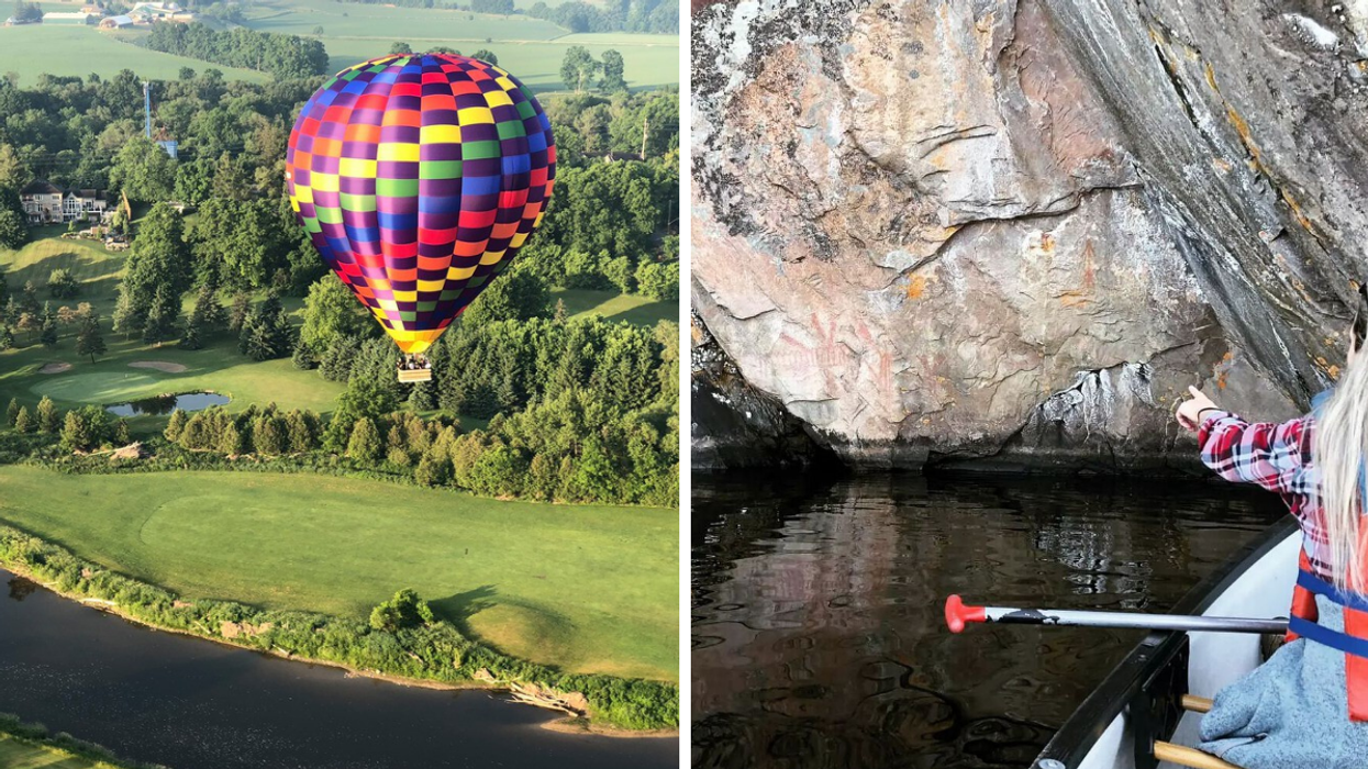 Hot air balloon flight in Ontario. Right: Canoeing to ancient pictograph paintings.