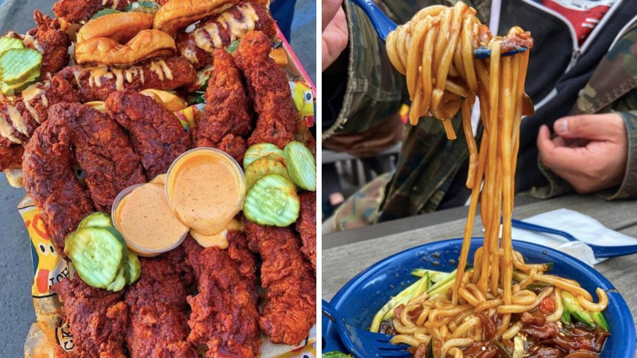 Hot chicken wings. Right: Korean Noodles at noodle fest.