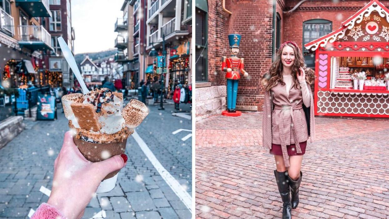 Hot chocolate from Blue Mountain Village. Right: Madeline at the Distillery Winter Village.