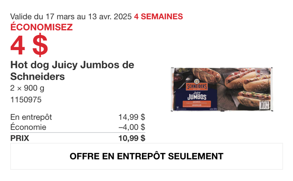 Hot dog Juicy Jumbos de Schneiders dans la circulaire du site de Costco.