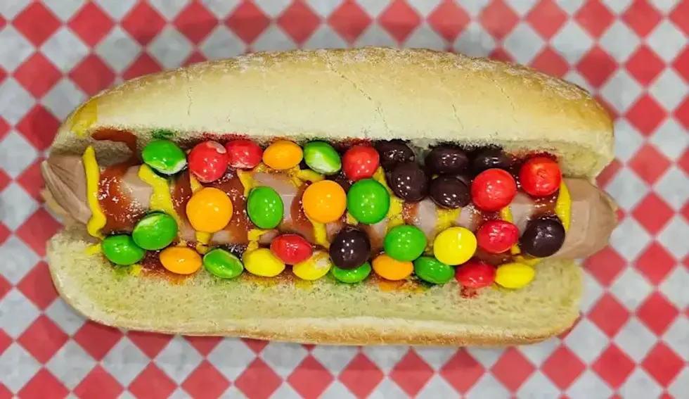 Hot dog with Skittles.