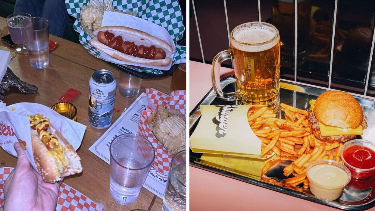 Hot dogs and drinks on a table. Right: A hamburger, fries and a beer on a fast food tray.