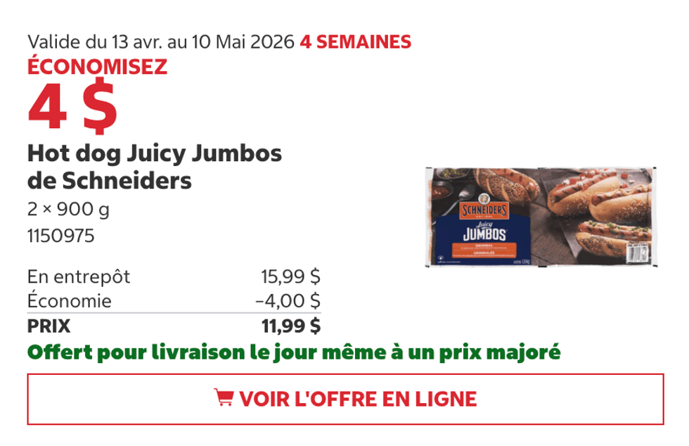 Hot dogs Juicy Jumbos Schneiders au Costco.