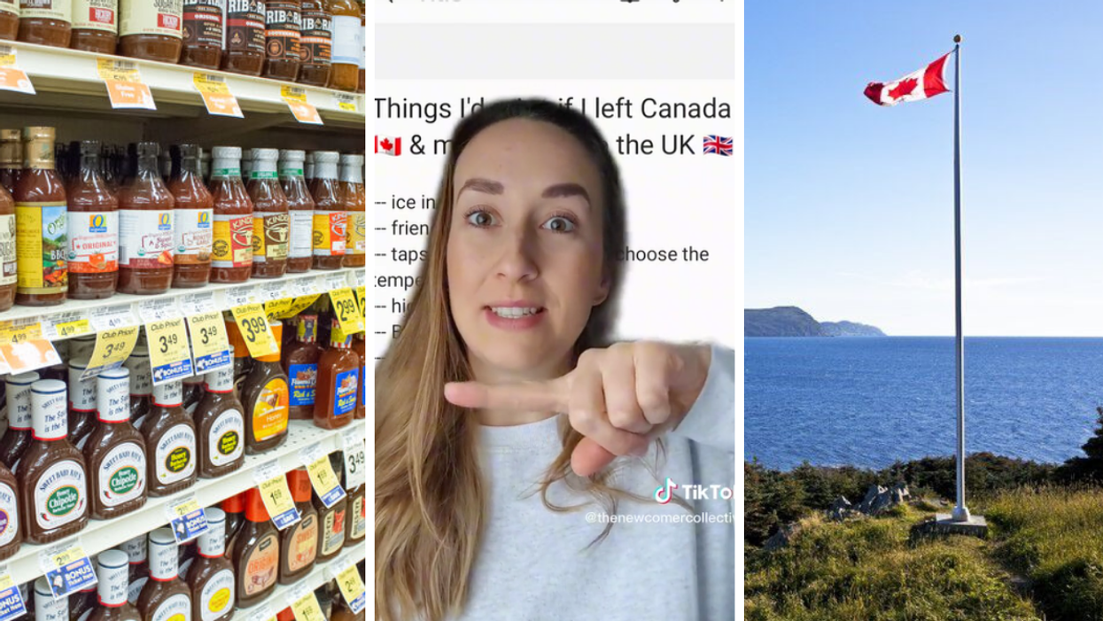 Hot sauce in a store. Middle: TikToker @thenewcomercollective. Right: The Canadian flag.