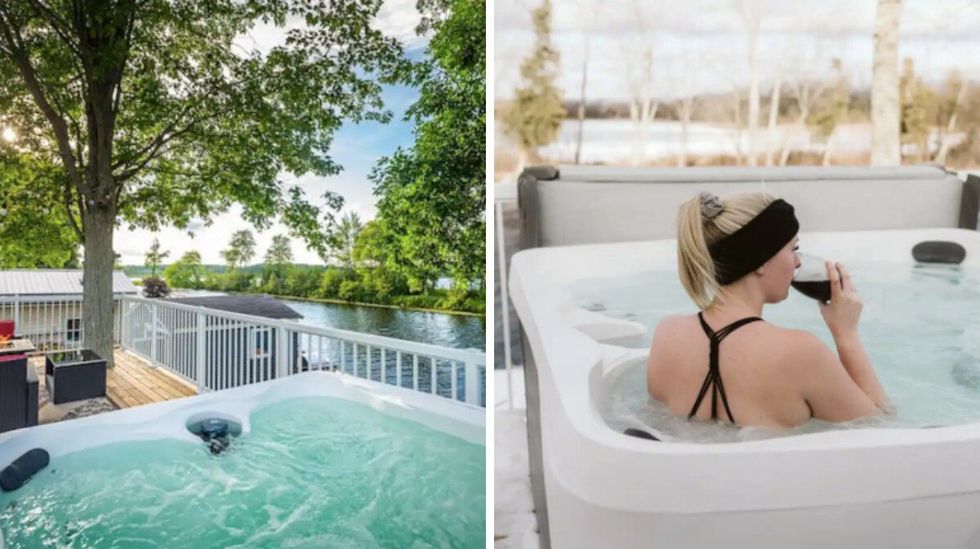 Hot tub at Meech Lake Cottage. Right: Woman drinking wine in Hot tub.