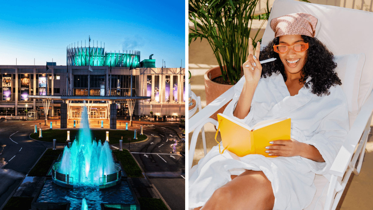 Hôtel-Casino du Lac-Leamy fountain. Right: A woman in a bath robe makes the peace sign while lounging by a pool.