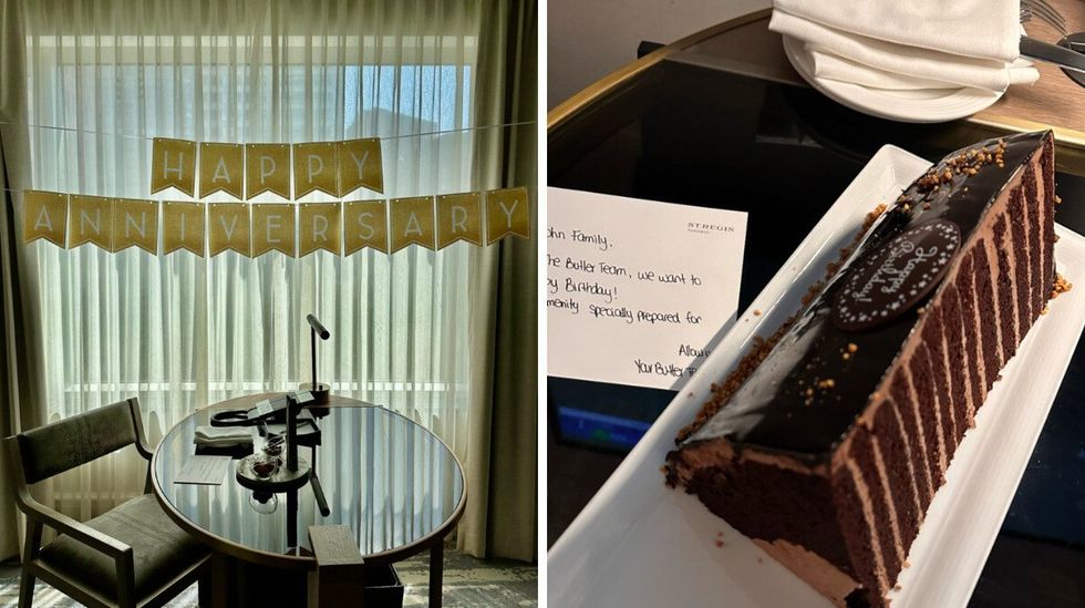 Hotel room decorated with a Happy Anniversary banner. Right: A slice of 13-layer chocolate cake with a 'happy birthday' note.