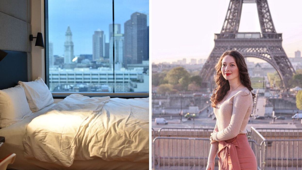 Hotel room. Right: Madeline in front of the Eiffel Tower.