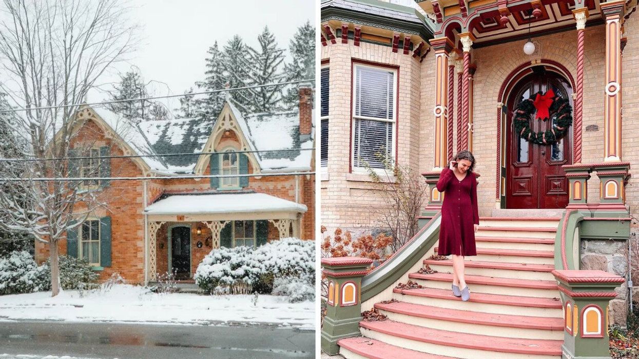 House covered in snow. Right: A person standing on porch steps.