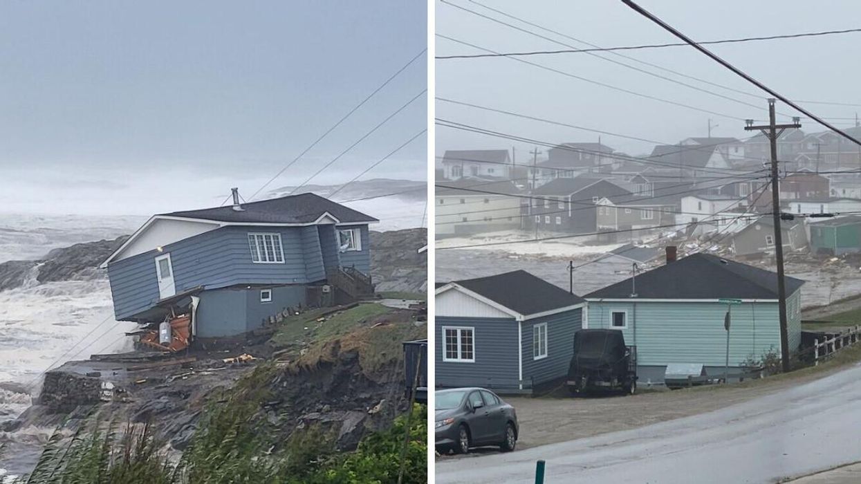 House damaged by waves from Hurricane Fiona in Port aux Basques, Newfoundland. Right: Damage caused in the town by the storm.